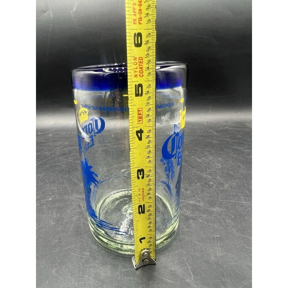 Corona Extra Beach Tiki Beer Glass Cobalt Blue Rim 5 3/8” Palm Trees Pint